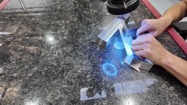 Craftsman brazing metal sign parts with blue torch flame on granite workbench closeup
