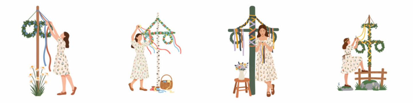 Illustrations of women in floral dresses decorating Midsummer maypoles with colorful ribbons and wreaths, celebrating Scandinavian summer solstice traditions.