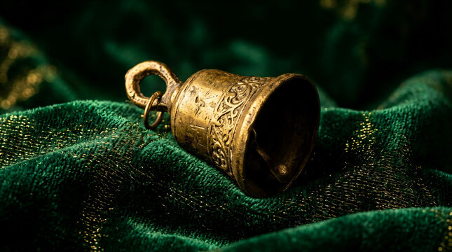 Golden bell on emerald green velvet fabric with glitter