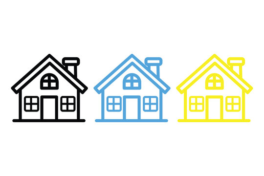 Set of three house icons in black, blue, and yellow colors, simple vector illustration of residential buildings for real estate and home design concepts