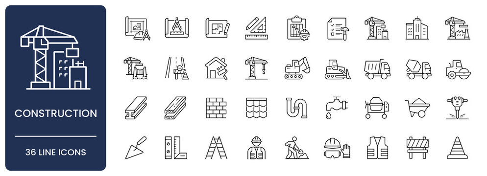Construction icon set. Collection of architecture blueprint, heavy machinery, building material, project management and worker safety line icon vector illustration with editable stroke.