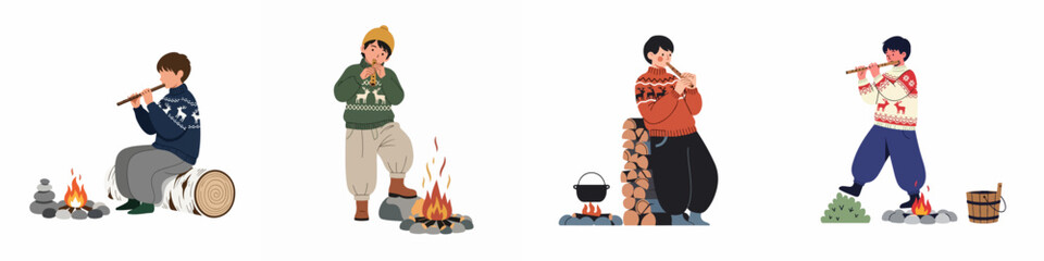 Set of Illustrations of a Boy in Cozy Winter Sweaters Playing the Flute by a Campfire © Aldi