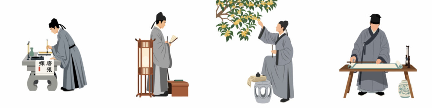 Set of four flat vector illustrations depicting an ancient Chinese scholar practicing calligraphy, reading, and appreciating nature in traditional hanfu attire.