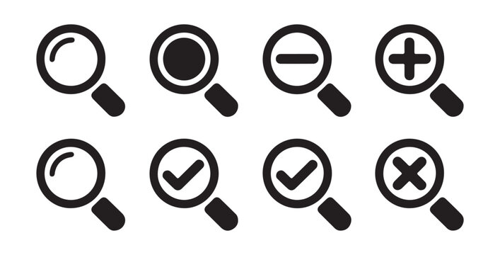 Magnifying glass icons with plus minus check and cross symbols for zoom actions.