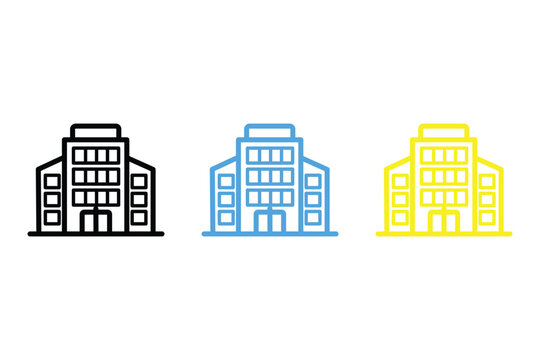Set of building icons in black, blue and yellow colors simple line art style of office or apartment building symbols, vector illustration