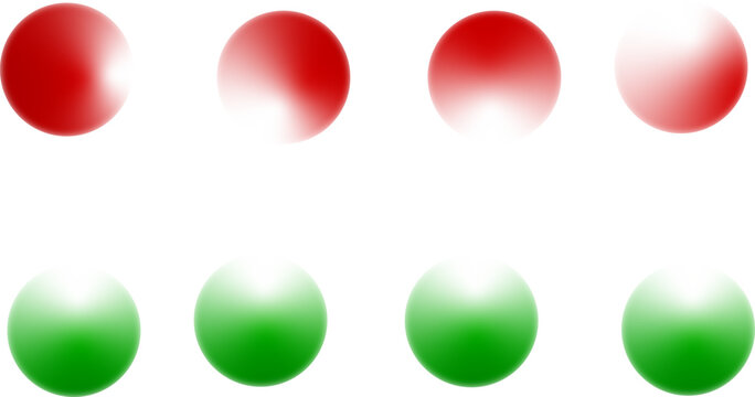 Eight spheres in two rows red and green gradient orbs with highlighted reflections