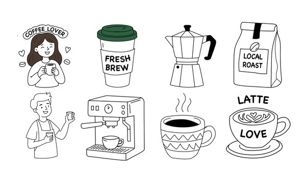 Coffee Shop Doodle Vector Set: Cute Barista, Cafe Badges, Pastries, and Grinder