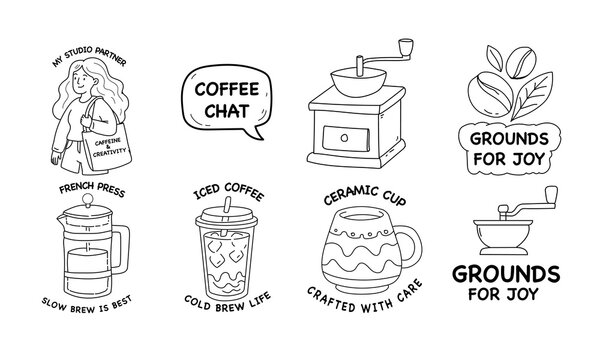 Coffee Shop Doodle Vector Set: Cute Barista, Cafe Badges, Pastries, and Grinder