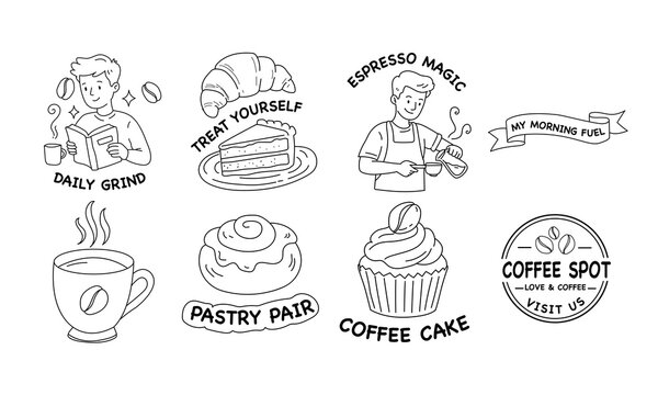 Coffee Shop Doodle Vector Set: Cute Barista, Cafe Badges, Pastries, and Grinder