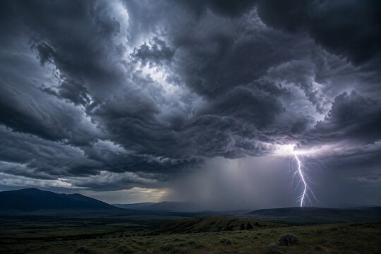 Dark storm clouds with lightning bolt, ominous sky before downpour.