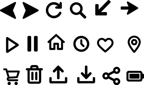 Essential ui icons set navigation controls and status indicators for digital interfaces