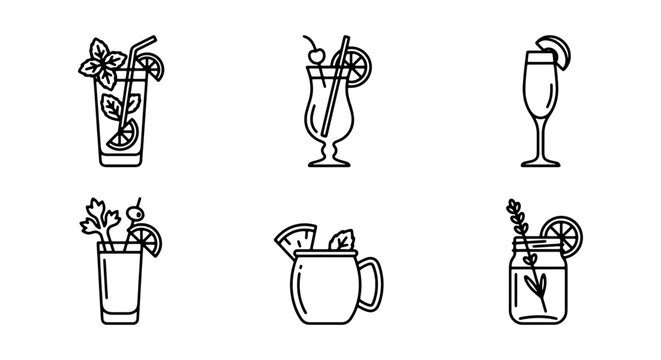 Cocktail Icons Set, Refreshing Drinks Vector Graphics, Bar Menu Elements