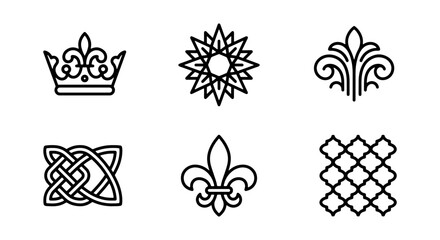 Elegant Heraldic Emblems, Royal Crown, Fleur de Lis, Celtic Knot Icons © MdNurul