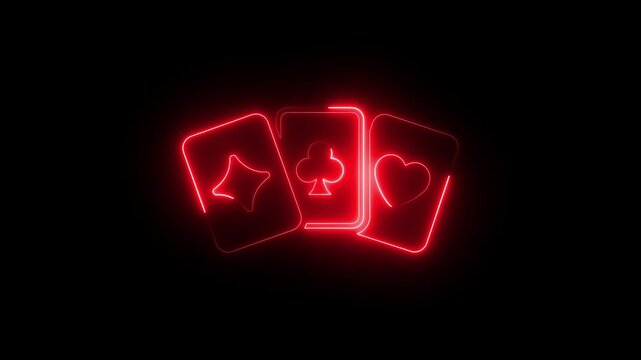 Glowing red neon playing cards animation, casino gambling concept, poker hand symbols on black background