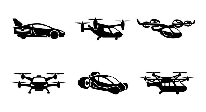 Futuristic Flying Cars & Drones: VTOL Aircraft Icons
