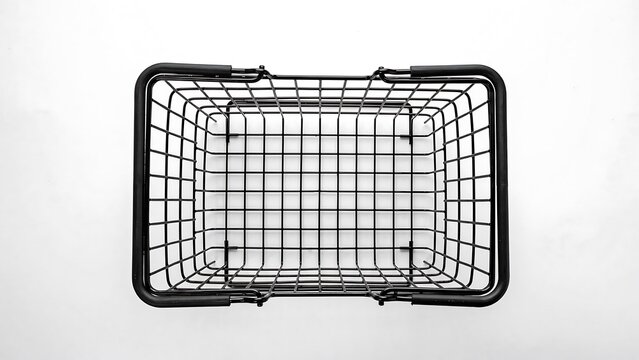 Black metal wire storage basket isolated on white background