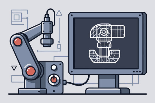 Robotic arm laboratory machine connected to a computer monitor displaying 3D wireframe engineering blueprint.
