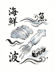 Naklejka premium Sushi and seafood illustration with calligraphy