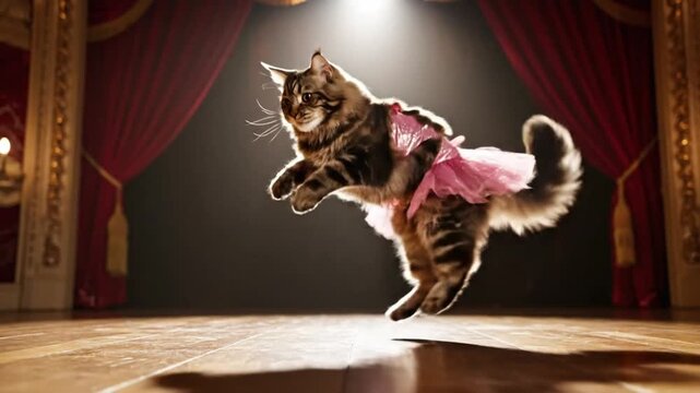 A fluffy tabby cat wearing a pink tutu performing a dance jump on a theatrical stage with red curtains under a single bright spotlight for show