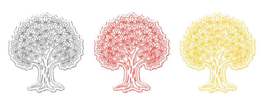 Hand drawn maple tree illustrations in black, red, and yellow colors, sketch style autumn trees