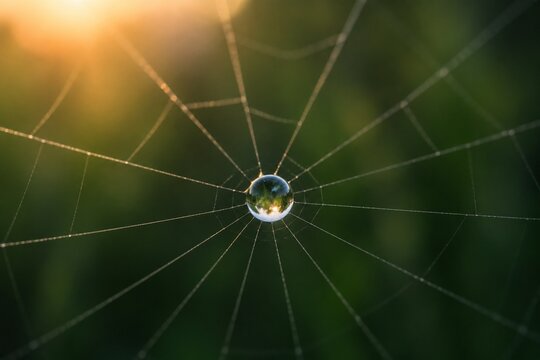 Dewdrop at the center of a spiderweb illuminated by dawn light.
