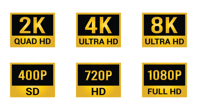 Set of Video Resolution Labels icon set, 2k quad Hd, 4k Ultra Hd, 8k Ultra Hd, 480p SD, 720p HD, 1080p. vector illustration.