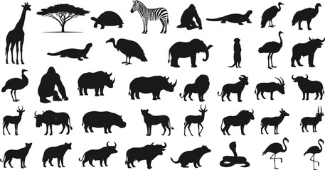 African wildlife silhouette collection, savanna animal outline, nature figure design, safari motif illustration, exotic fauna icon, acacia tree art © Fenshi