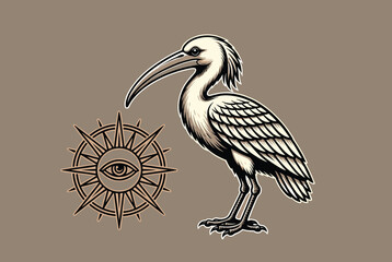 Obraz premium Mystical illustration of an ibis bird standing next to an eye of providence sun symbol in a retro engraved style.