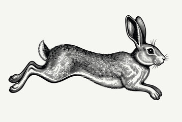 Obraz premium Classic detailed vintage woodcut engraving style sketch of a wild rabbit running fast against a neutral background.