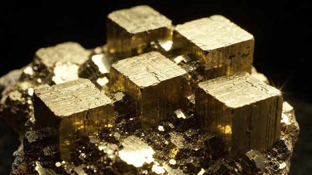 Close-up of a raw chunk of pyrite fool's gold with sparkling light, showing metallic luster and cubic crystals, ideal for geology, mineralogy, or wealth concepts