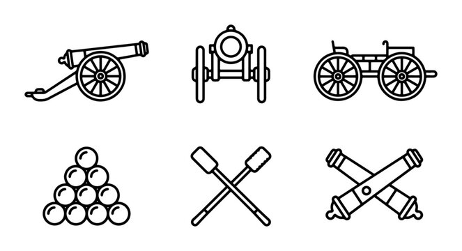 Vintage Cannon Icons, Military Weapon Set, Historical Artillery Graphics