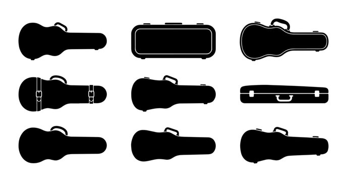 Guitar Case Silhouettes, Musical Instrument Protection Icons, Vector Storage Shapes