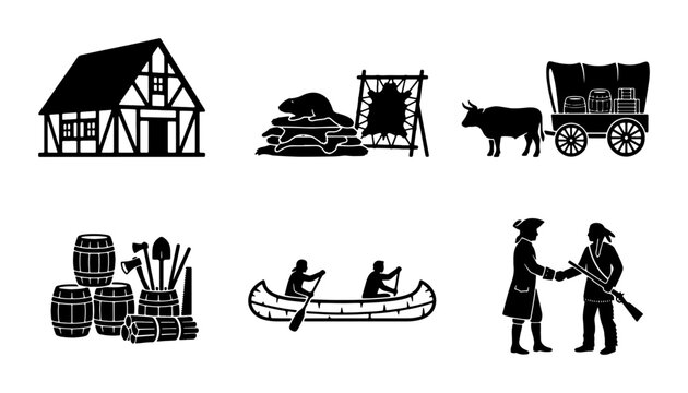 Pioneer Life Icons: Frontier Settlement, Trade, and Exploration Vector Set
