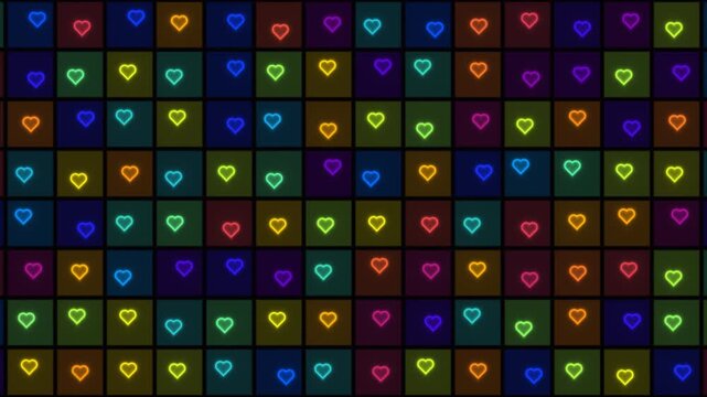 Colorful heart shapes arranged in a grid pattern on a dark background