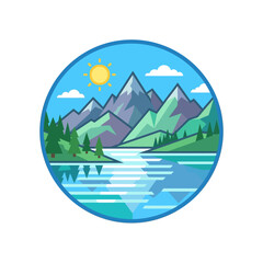 Obraz premium A flat vector illustration of a serene mountain landscape with a calm lake