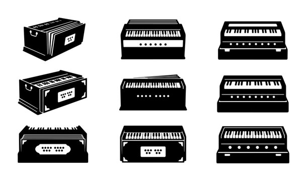 Harmonium Icon Set, Indian Musical Instrument Vector Graphics, Keyboard Music Symbols