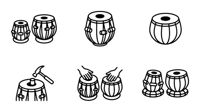 Indian Tabla Drums Set, Musical Instruments, Percussion Icons, Vector Graphics