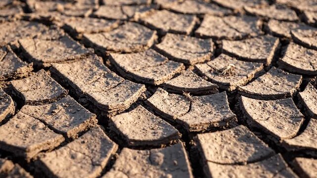 Closeup macro of dry cracked earth displaying a natural Voronoi pattern, symbolizing drought, climate change, and desertification