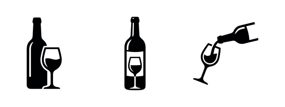 Wine Bottle and Glass Icons Set for Drinks, Party, and Celebration