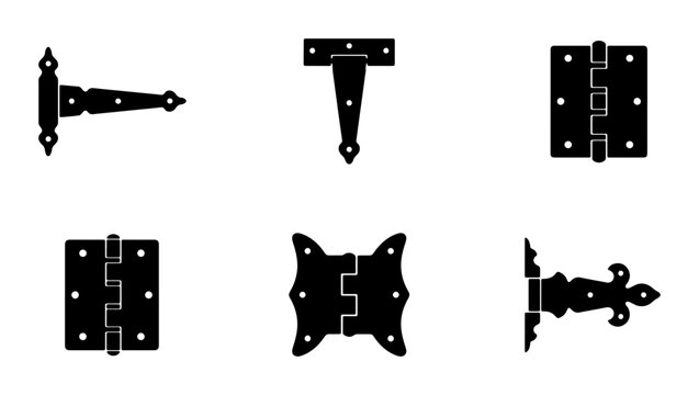 Hinge Icons Set, Black Hardware Collection, Door Fastener Vector Graphics