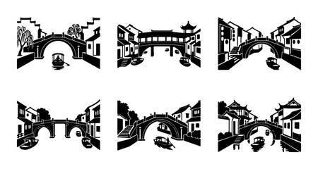 Fototapeta premium Chinese Bridges, Waterways, Architecture: Vector Set