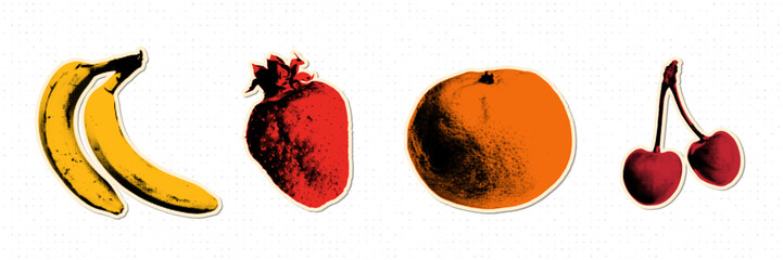 Fruits collection in halftone pop art style. Banana, strawberry, cherry, and tangerine stickers in vintage style. Set of cut out paper fruits with halftone dot texture. Vector © Yevhenii