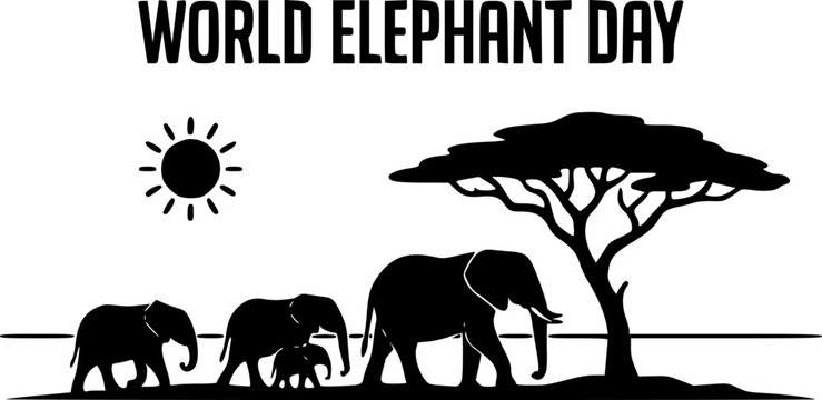 World Elephant Day SVG &mdash; Elephant Family Herd Walking Under Acacia Tree with Sun African Safari Silhouette Design for Wildlife Apparel, Stickers and Wall Art