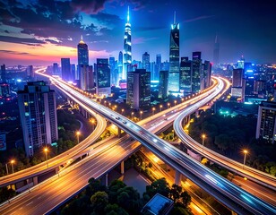 Fototapeta premium Cityscape with highway interchange at dusk.