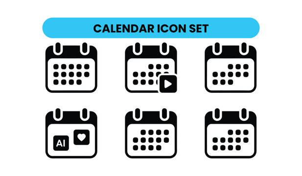 A set of six black representing calendar functions and including a basic calendar a calendar with a play button overlay a calendar with AI and heart symbols a calendar with a star overlay and two