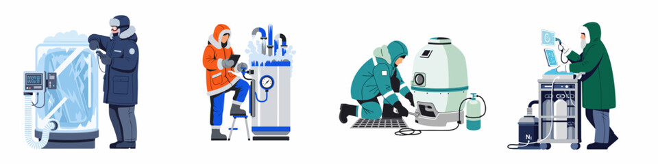 Set of illustrations depicting scientists or technicians in cold environments working with cryogenic equipment and industrial machinery in extreme winter conditions. © Nia