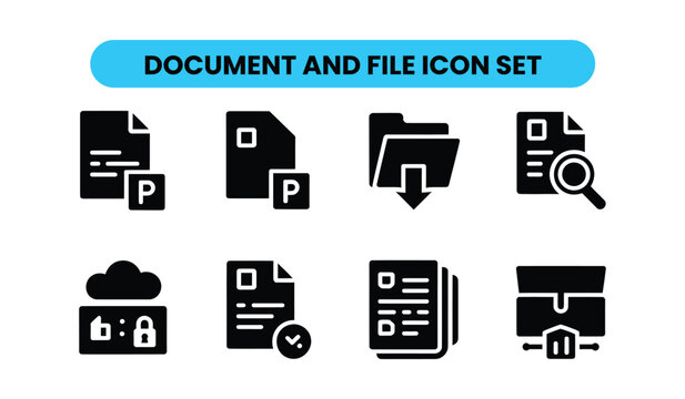 A set of eight black glyph depicting document and file management operations such as PDF files folders search and cloud storage with lock symbols on a white background and a blue header bar