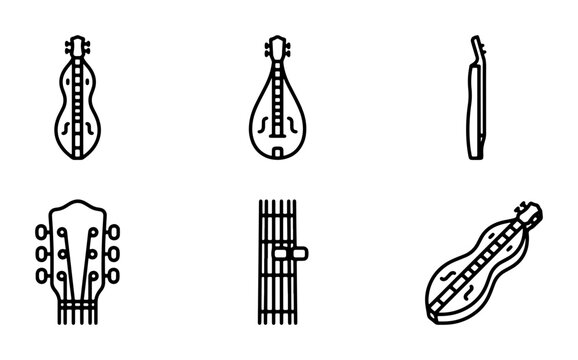 String Instrument Icons: Guitar Headstock, Dulcimer, Mandolin, Harp