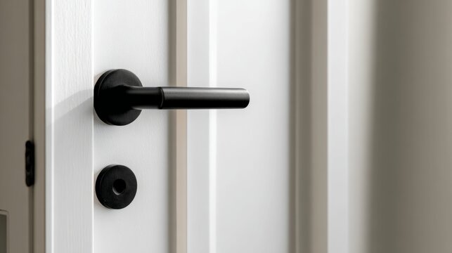 Black metal door handle on white minimalist interior door, modern home entrance hardware, contemporary architectural detail, clean residential design, elegant lever handle with simple white door