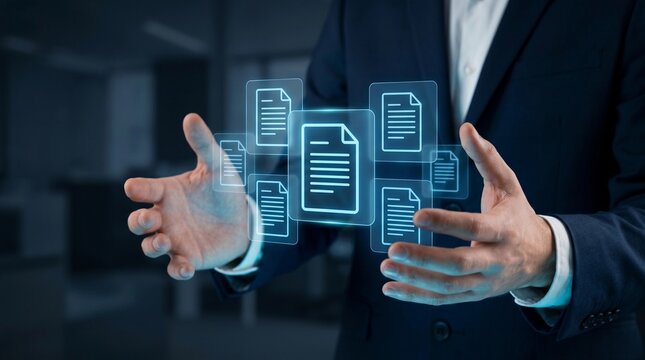 Knowledge Base KB and Document Search System. Enterprise Knowledge Management and Document Repository. Businessperson Holding Icons
